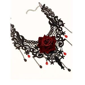 NWT Gothic Black Lace Red Rose Choker Necklace Victorian Lolita Halloween